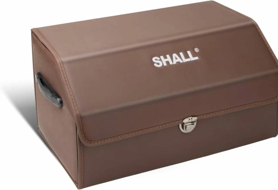 SHALL 21.5-Inch Leather Foldable Trunk Organizer with Lid - Pink Car Storage Box for SUV, Sedan, Toys, Tools & Snacks