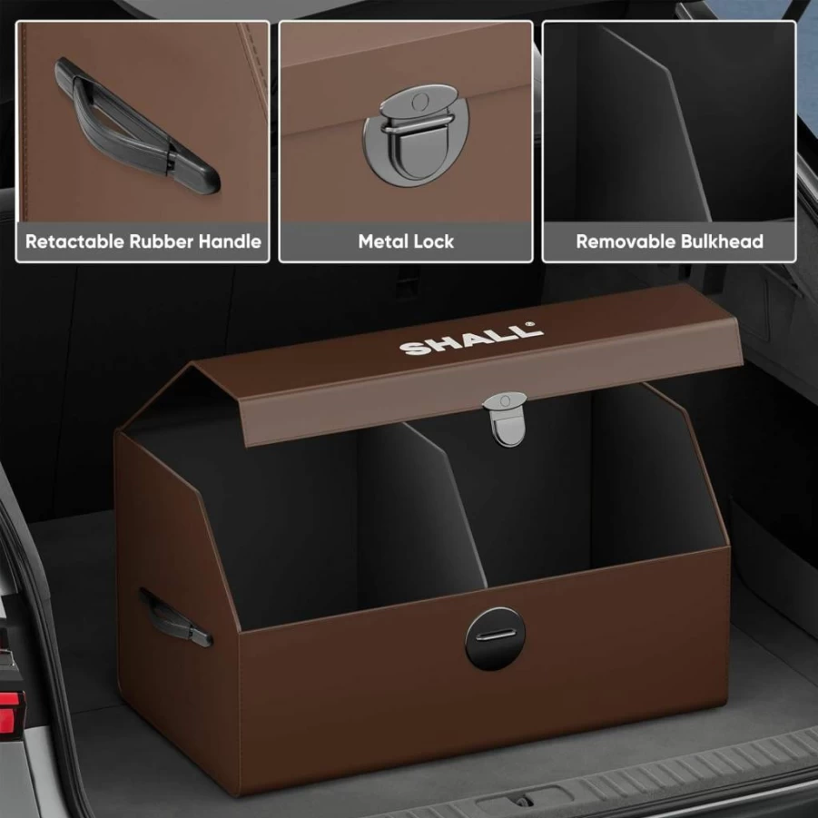 SHALL 21.5-Inch Leather Foldable Trunk Organizer with Lid - Pink Car Storage Box for SUV, Sedan, Toys, Tools & Snacks