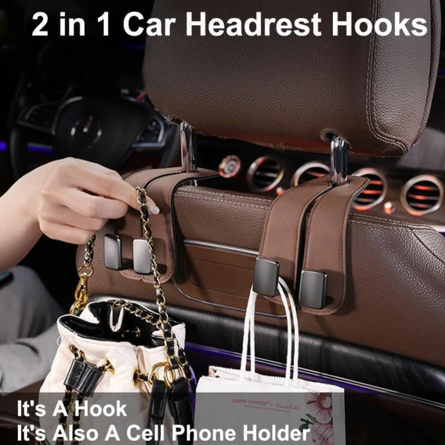 SUNCARACCL 2 Pack Black Car Seat Headrest Hooks for Purses, Bags, and Storage - Heavy Duty Double Hook Car Organizer Accessories