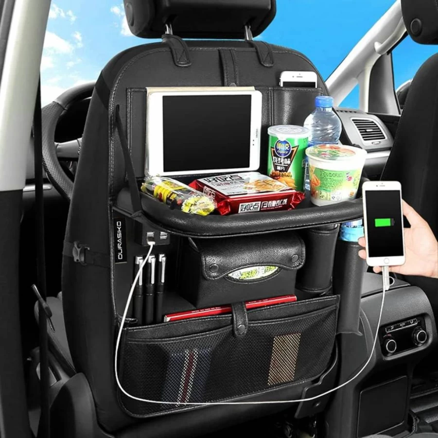 DURASIKO Car Backseat Organizer with Foldable Table Tray, PU Leather Storage Organizer with Tablet Holder & Seat Protector, Universal Fit for Most Vehicles