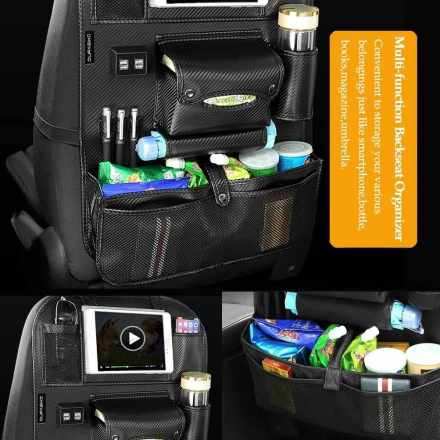 DURASIKO Car Backseat Organizer with Foldable Table Tray, PU Leather Storage Organizer with Tablet Holder & Seat Protector, Universal Fit for Most Vehicles