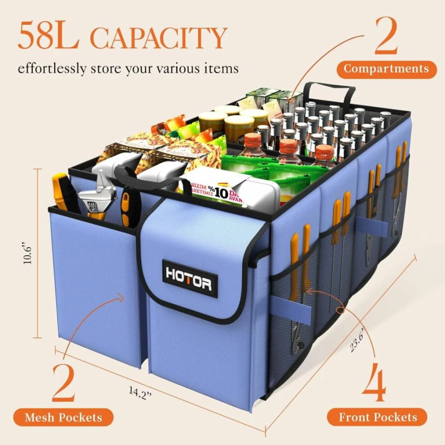 HOTOR Foldable Car Trunk Organizer for SUVs & Sedans, 2-Compartment Storage for Car Accessories, Tools & Sundries, Black, 21.3 x 12.6 x 10.6 Inches