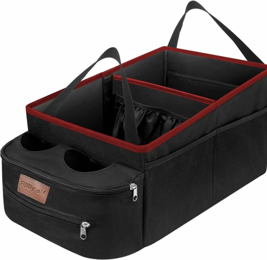 FUNNY ELF Collapsible Car Seat Organizer with 4 Cup Holders & Storage Partitions for Front or Back Seat
