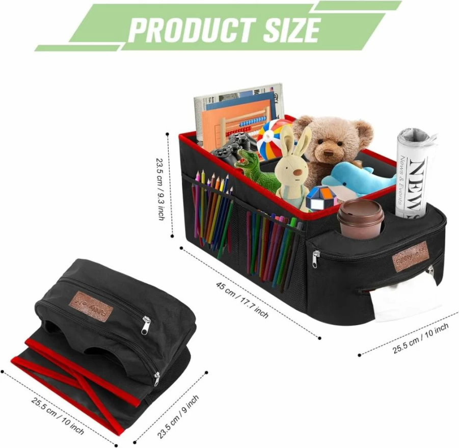 FUNNY ELF Collapsible Car Seat Organizer with 4 Cup Holders & Storage Partitions for Front or Back Seat