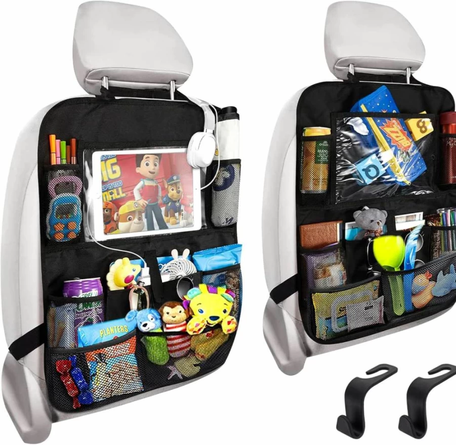 LIHBHOID Car Backseat Organizer with 10.5" Tablet Holder, 9 Storage Pockets for Snacks, Toys & Drinks - 2-Pack Kick Mats Seat Protector for Kids, Travel Accessories