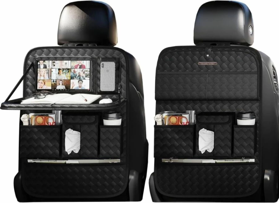 XDV Beige Car Seat Organizer with Storage Pouches & Tray Holder - Multi-Functional Back Seat Protector for Kids & Rear Seats (1 Pack)