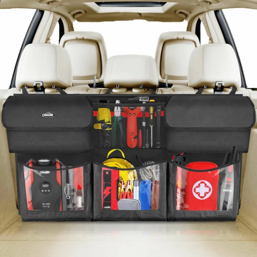 Oasser Hanging Car Trunk Organizer with 6 Large Pockets, Foldable Cargo Storage, 3 Adjustable Straps, 40x19 Inch for Back Seat and Auto Accessories