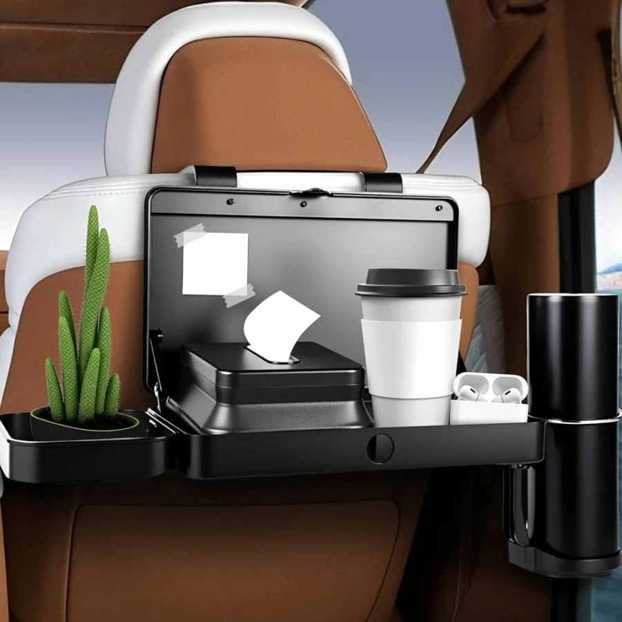 Hiitytin Multifunctional Car Seat Tray - Adjustable Backseat Organizer with Cup Holder, Food Tray Table & Tissue Box for Travel Eating
