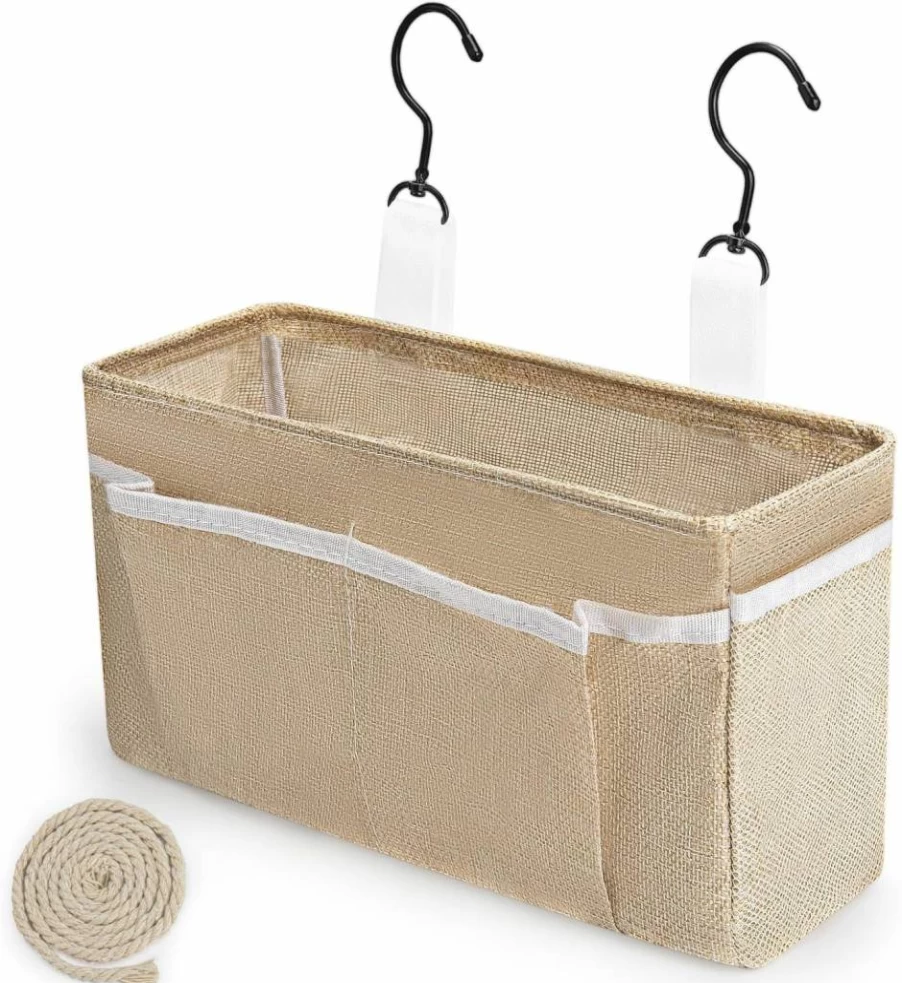 Feoqibu Bedside Caddy Organizer - Self-Adhesive Hanging Storage Bag for Beds, Headboards, Bunk Beds & Car Seats (Beige)