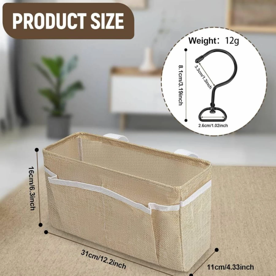 Feoqibu Bedside Caddy Organizer - Self-Adhesive Hanging Storage Bag for Beds, Headboards, Bunk Beds & Car Seats (Beige)