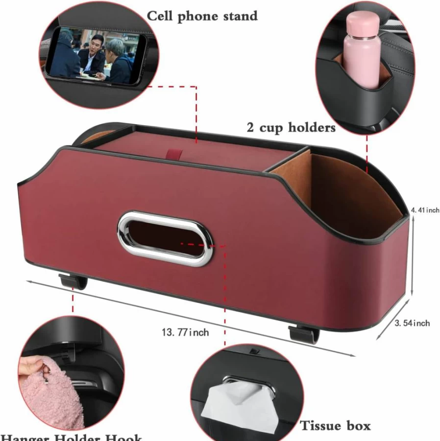 HOLDCY Pink Car Back Seat Organizer - Multi-Functional Storage with 2 Cup Holders, Tissue Box & Hook for Kids, Travel & Road Trips