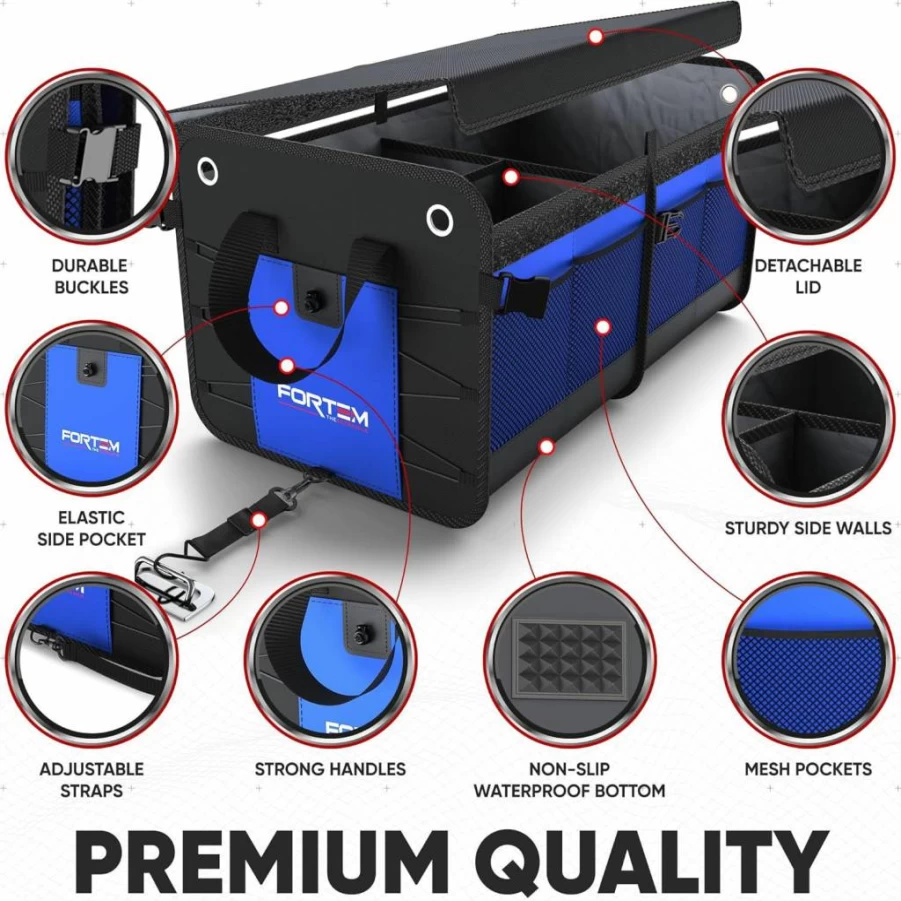 FORTEM SUV Trunk Organizer - Collapsible 90L Car Storage Bag with Non-Slip Bottom, Adjustable Straps & Multi-Compartment Design for Women & Men