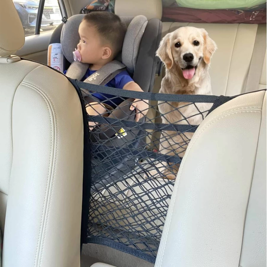 LUSTRE 3-Layer Car Seat Back Organizer - Mesh Storage Net for Pets, Kids, Cargo & Car Accessories, Durable Backseat Barrier & Purse Holder