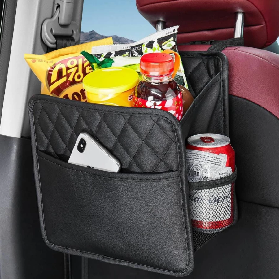 LXUNYI 2 Pack Waterproof PU Leather Car Seat Organizer - Universal Hanging Back Seat Storage with Cup Holders for Kids & Adults, Foldable Travel Accessories