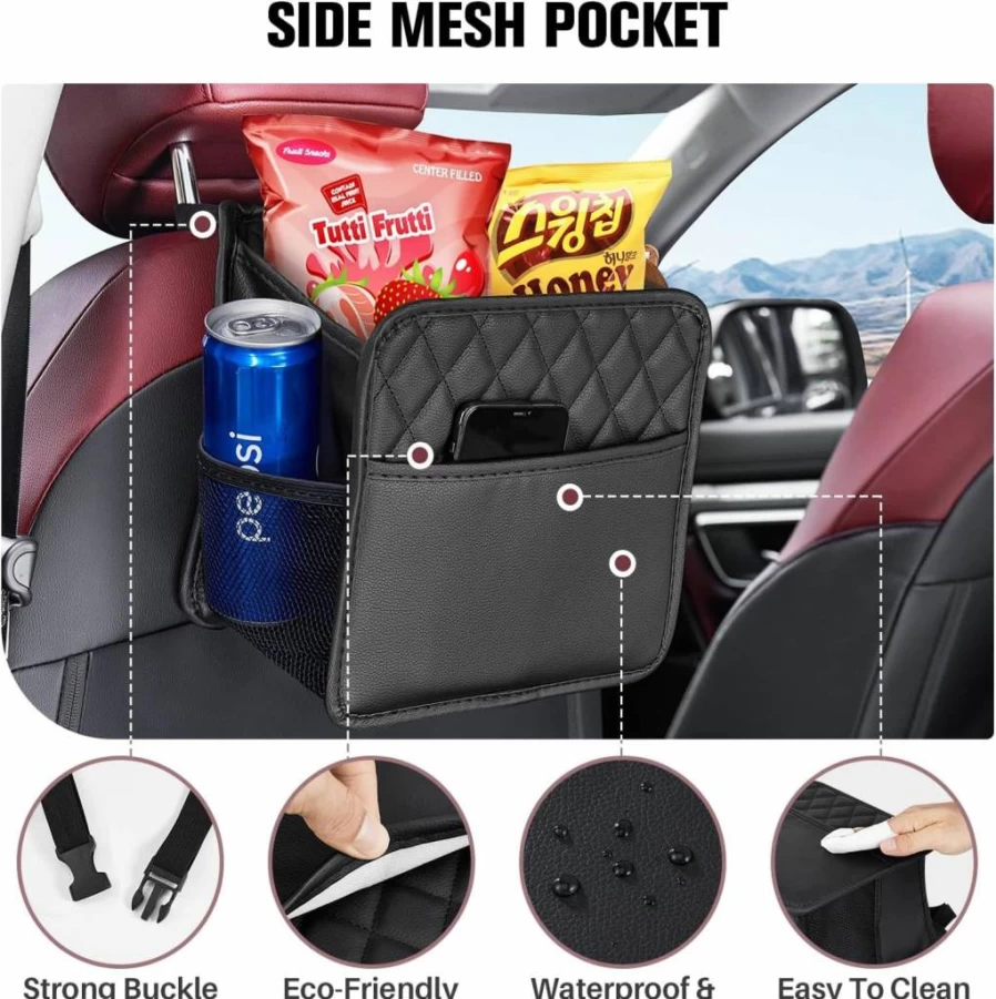 LXUNYI 2 Pack Waterproof PU Leather Car Seat Organizer - Universal Hanging Back Seat Storage with Cup Holders for Kids & Adults, Foldable Travel Accessories