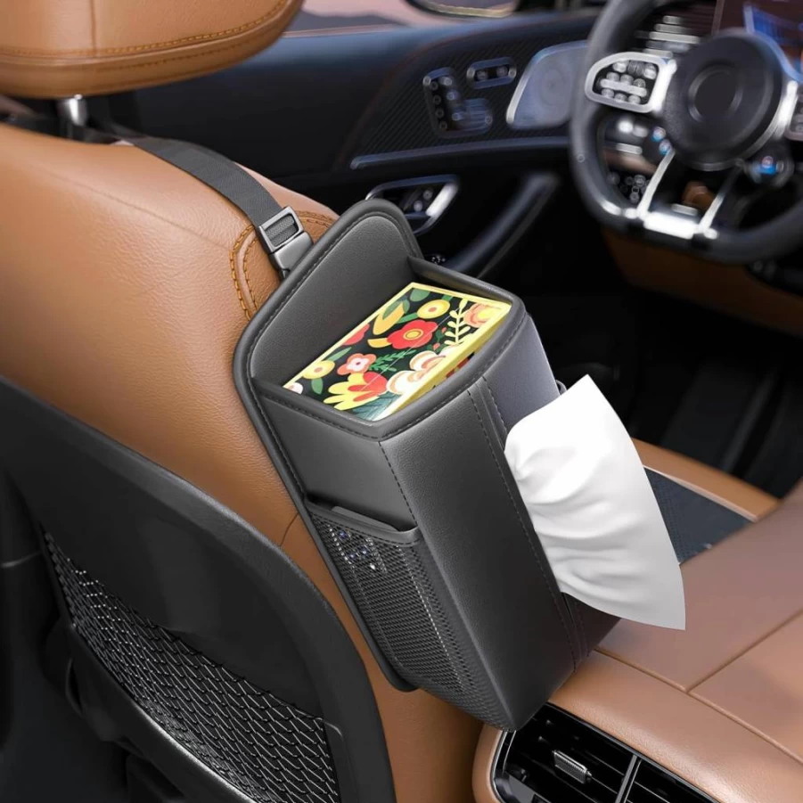 SEMBEM Car Seat Organizer with Tissues Box Holder - Black Mesh Pocket Storage for Front Seat Back, Napkin Cover & Kleenex Dispenser