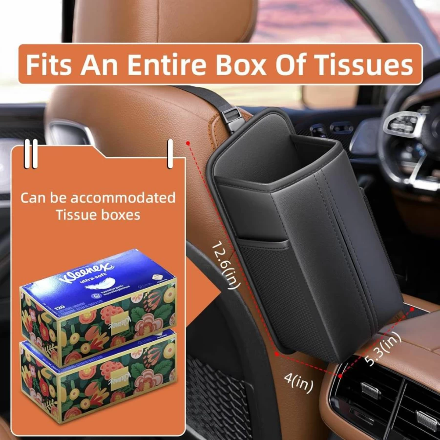 SEMBEM Car Seat Organizer with Tissues Box Holder - Black Mesh Pocket Storage for Front Seat Back, Napkin Cover & Kleenex Dispenser