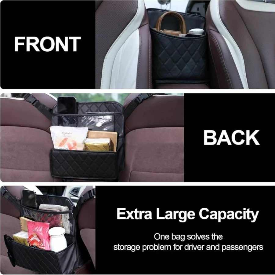KnIykmr Leather Car Seat Back Organizer - Large Mesh Storage Pocket for Handbags, Purses, & Accessories - Backseat Barrier for Pets & Kids (Black)