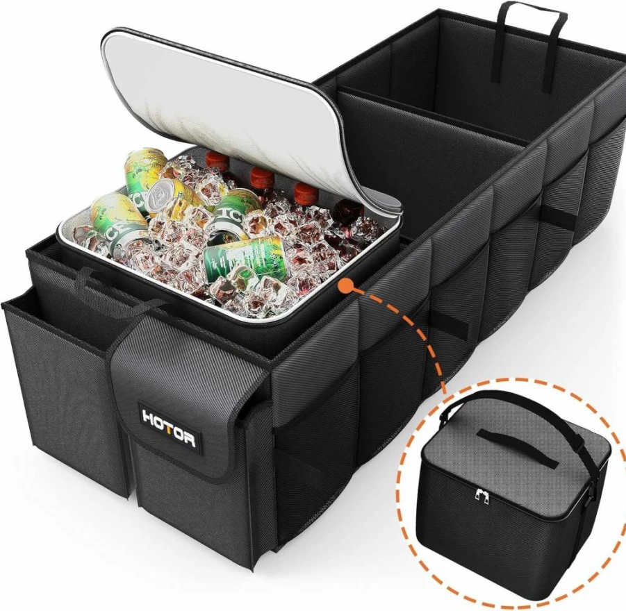 HOTOR Car Trunk Organizer with Cooler - Foldable Storage for SUV, 3 Compartments, Black (30.9 x 12.6 x 10.6 Inches)