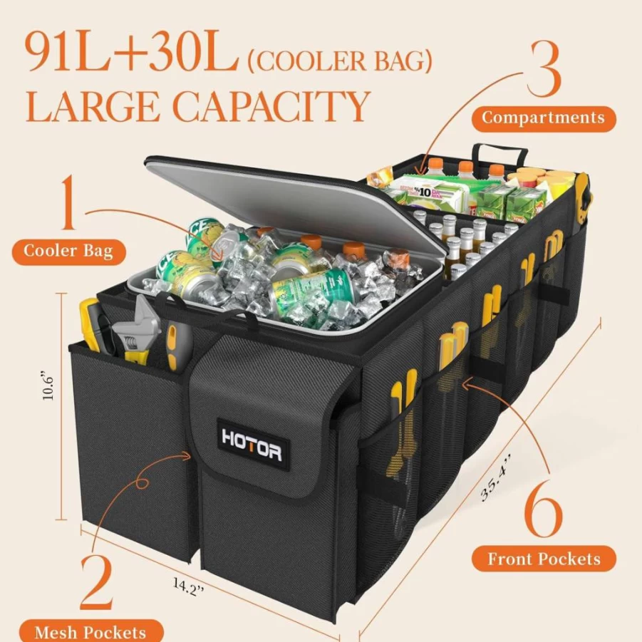 HOTOR Car Trunk Organizer with Cooler - Foldable Storage for SUV, 3 Compartments, Black (30.9 x 12.6 x 10.6 Inches)