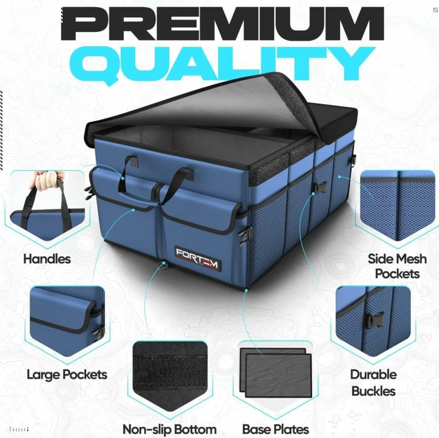 FORTEM 50L Collapsible Car Trunk Organizer with Non-Slip Bottom, Multi-Compartment SUV Storage for Women & Men, Foldable 600D Oxford Fabric with Securing Straps & Soft Cover