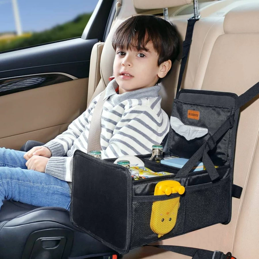 SLOGENTO Kids Car Organizer Backseat with Cup Holders, Side Pockets & Tissue Box - Portable Back Seat Storage for Baby Travel Accessories and Long Trips