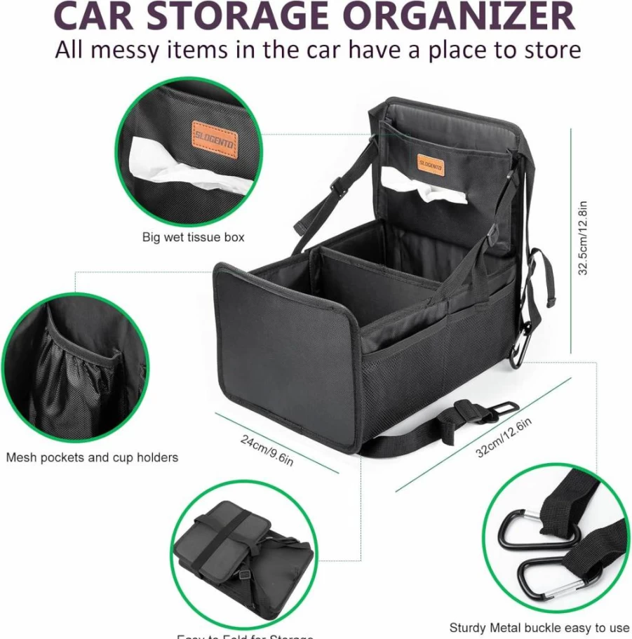 SLOGENTO Kids Car Organizer Backseat with Cup Holders, Side Pockets & Tissue Box - Portable Back Seat Storage for Baby Travel Accessories and Long Trips