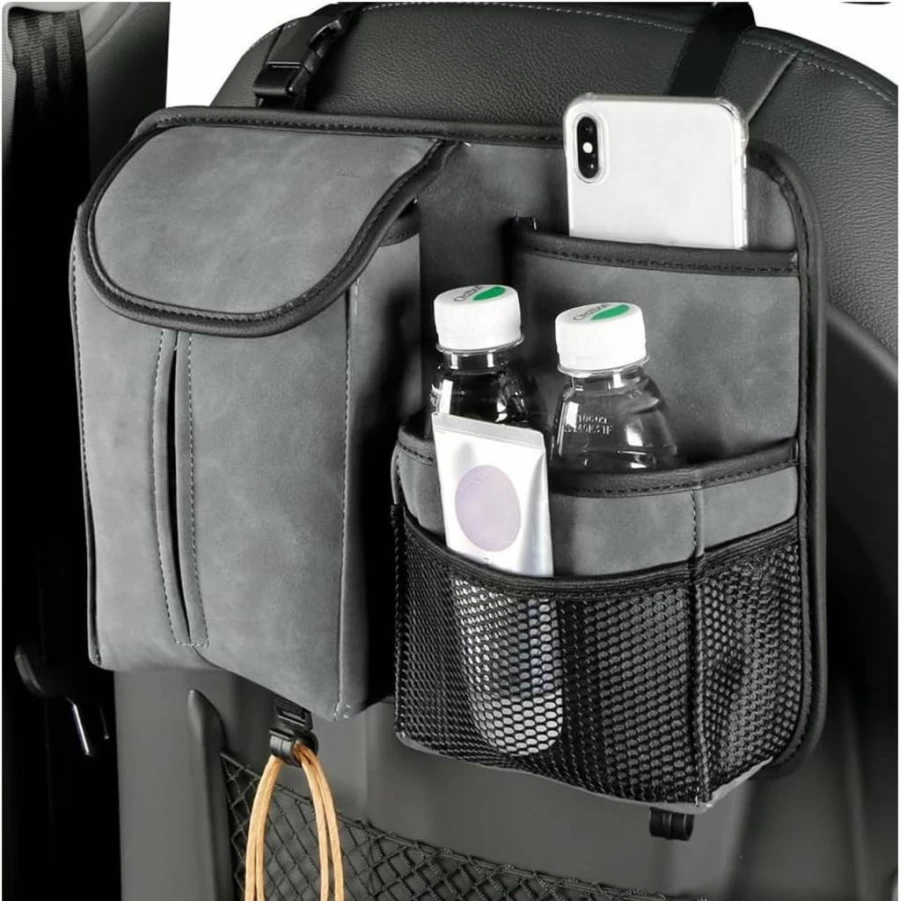 Wevdn Car Seat Organizer - Universal Hanging Back Seat Storage with Multi-Pockets, Hook & Tissue Box Holder, Durable Travel Accessories (Black)