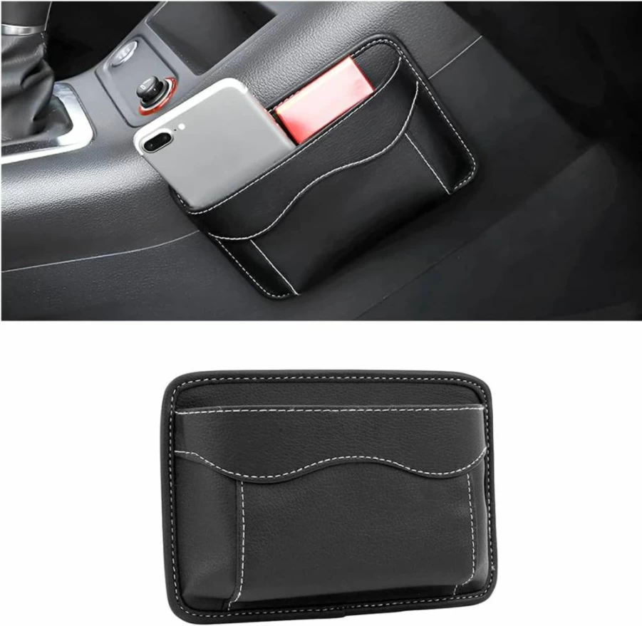 Moly Magnolia Car Seat Organizer - PU Leather Storage Pouch for Auto Door, Phone, Pen, Documents & Seat Gap, Black Vehicle Accessory