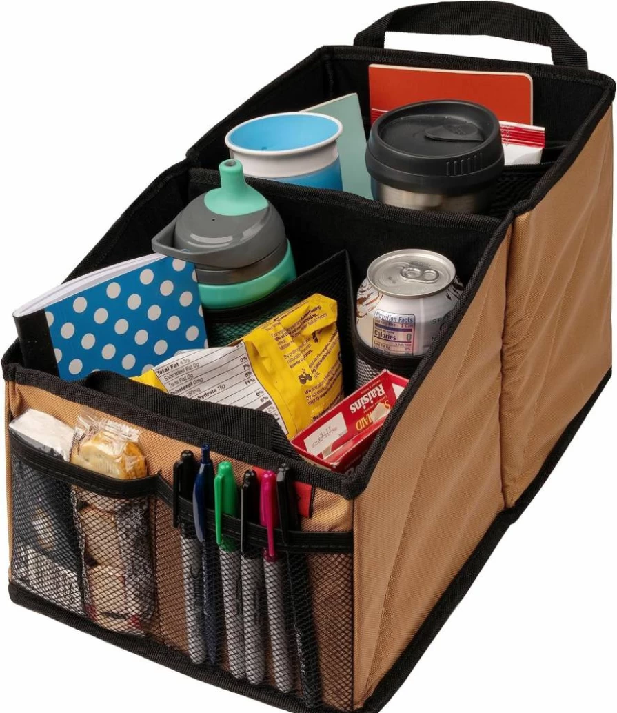 Lusso Gear Car Seat Organizer with 9 Storage Pockets & Cup Holders for Truck, Van, SUV - Tan Auto Accessories for Travel & Mobile Office Organization
