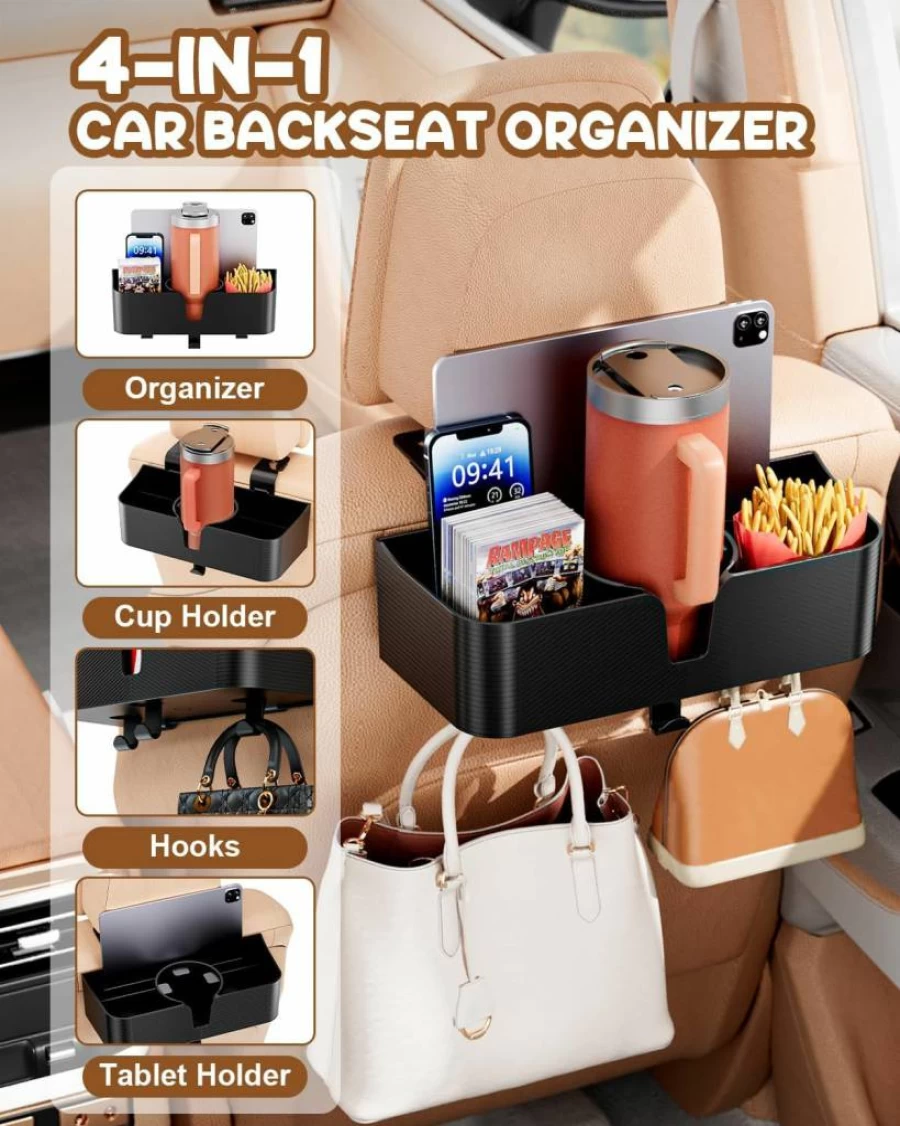 Gileolant 4-in-1 Car Headrest Organizer with Cup Holder, Large Storage Backseat Organizer with Tablet Pocket & 3 Hooks for Travel Accessories