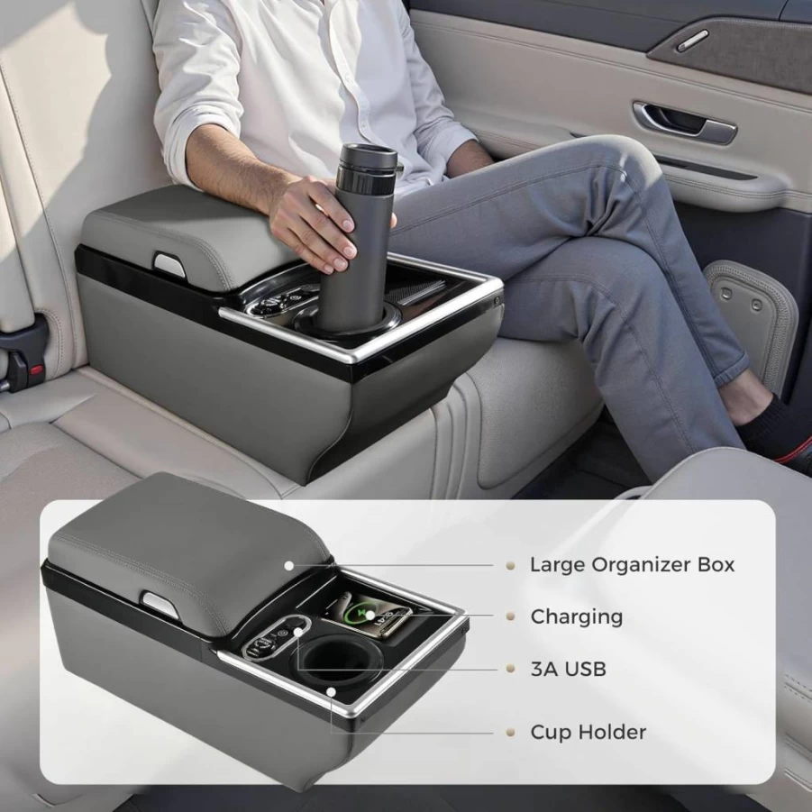 Coverado Universal Car Center Console Organizer with Cup Holders, Back Seat Storage Box & Armrest for All Vehicles - Easy Installation, Gray