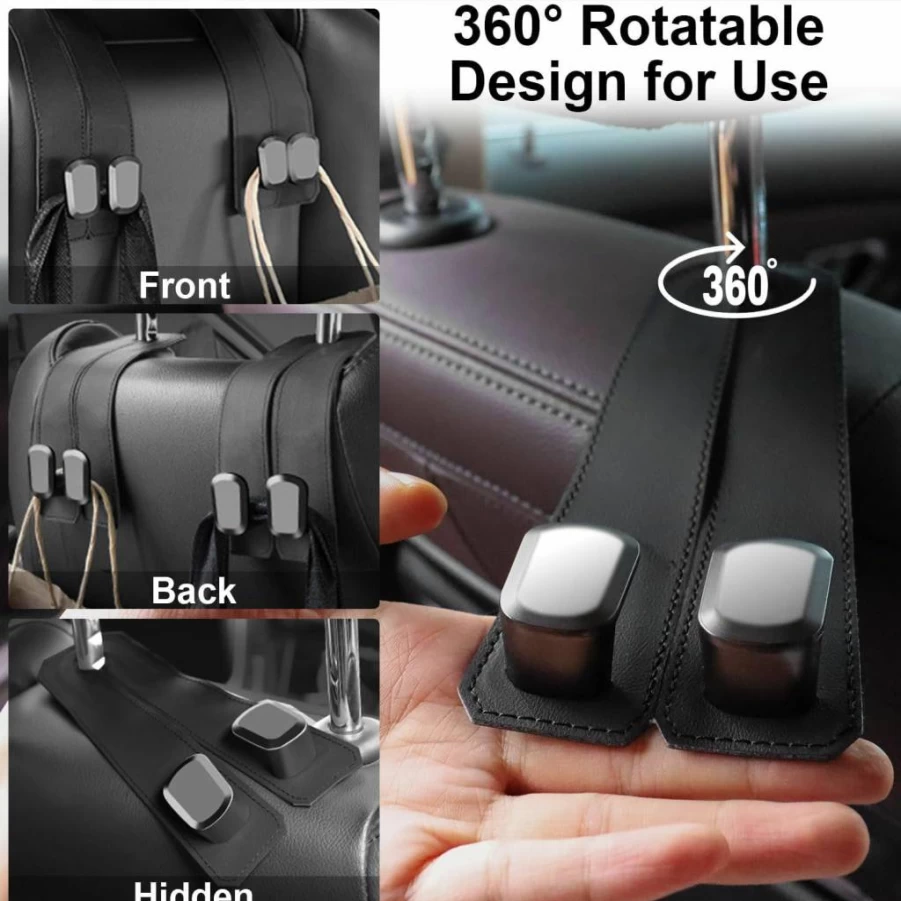 Elegananccy 2 Pack Premium Leather Car Seat Hooks - Heavy Duty Purse Hanger for Bags, Car Organizer Accessories for Women (Black)