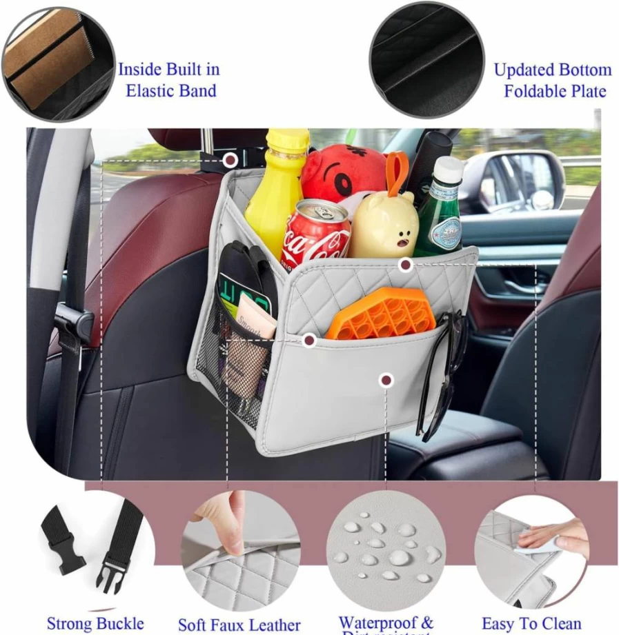 KOHUIJOO Leather Car Seat Organizer with Cup Holders - Waterproof Backseat Hanging Storage Bag for Headrest & Seat Gap Organization