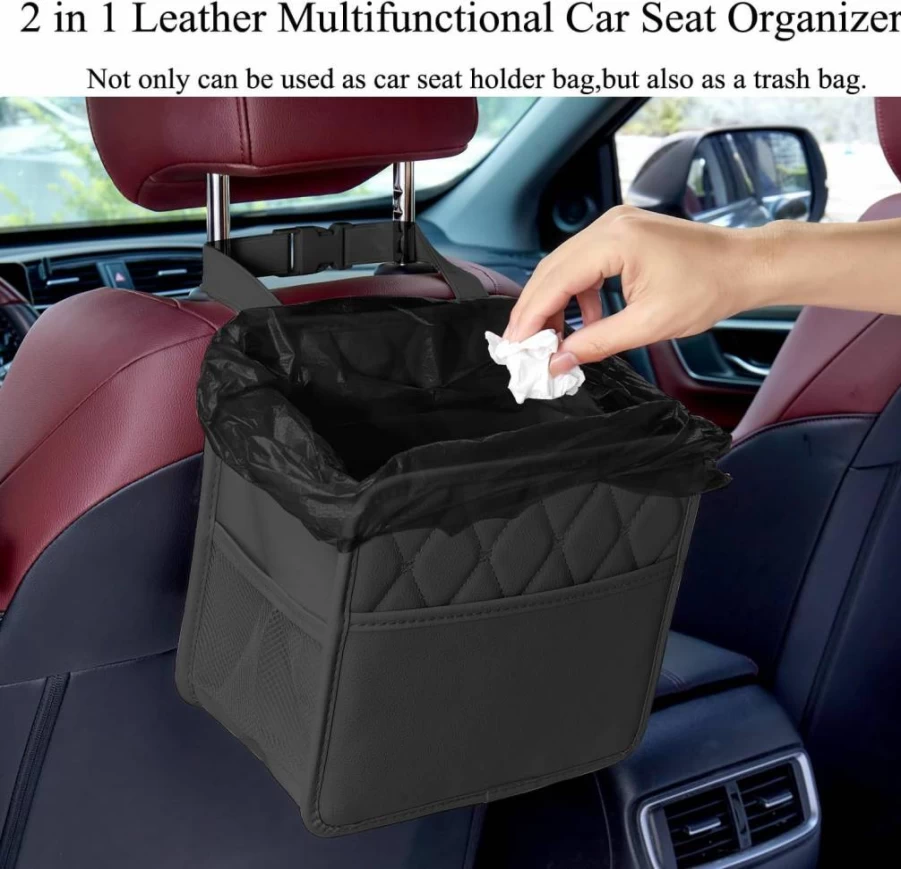 KAHCOP Car Seat Back Organizer with 2 Cup Holders, Built-In Waste Bin, and Spacious Storage for Tissues, Keys, Umbrellas, Glasses - Universal Hanging Storage Box for Cars and SUVs (Black)