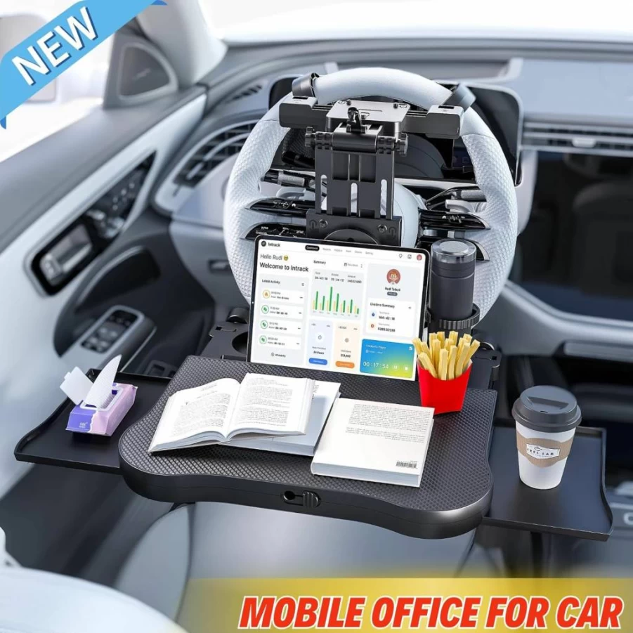 QLhshop 2-in-1 Steering Wheel Tray & Car Desk - Adjustable Laptop Table, Food Tray with Seat Gap Organizer for Work, Eating, Road Trips - Essential Car Accessories for Drivers
