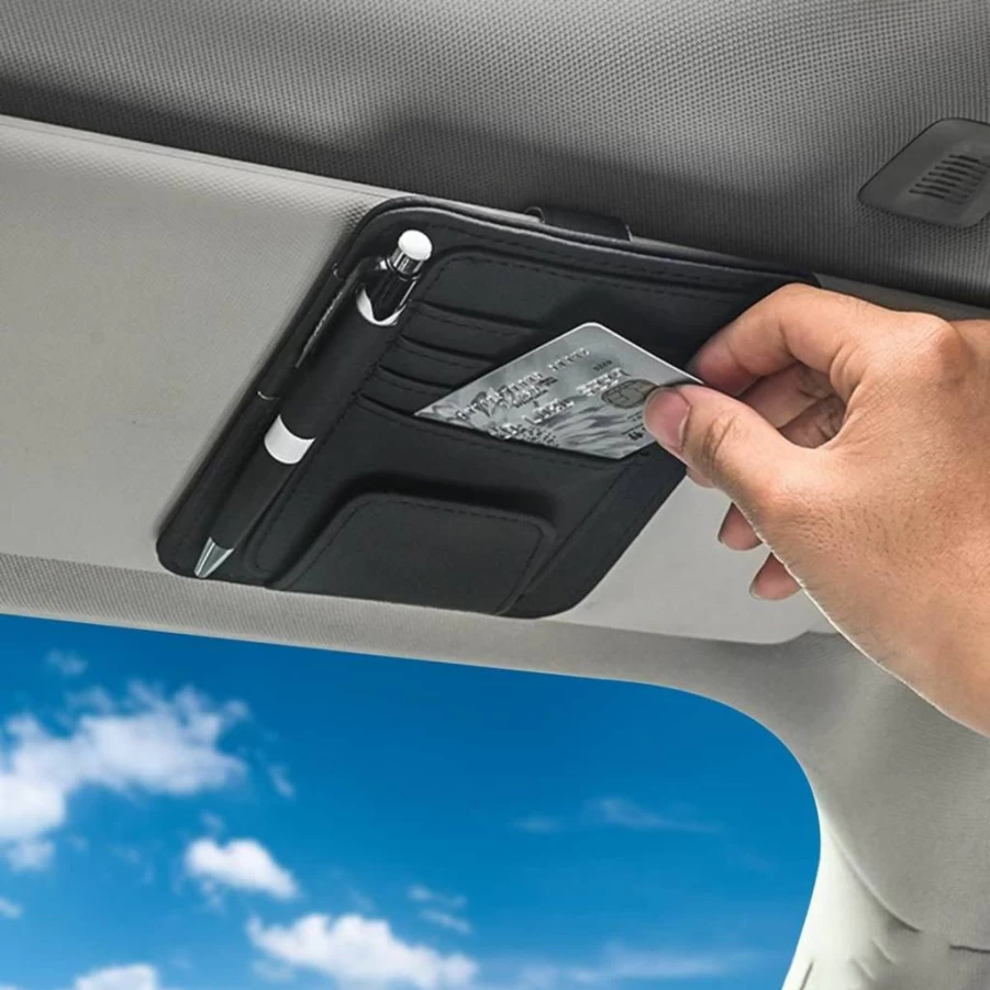 Aturmon Car Sun Visor Organizer - Leather Sunglass Holder, Document & Card Pocket for Registration, License, Insurance, Pen, Chapstick