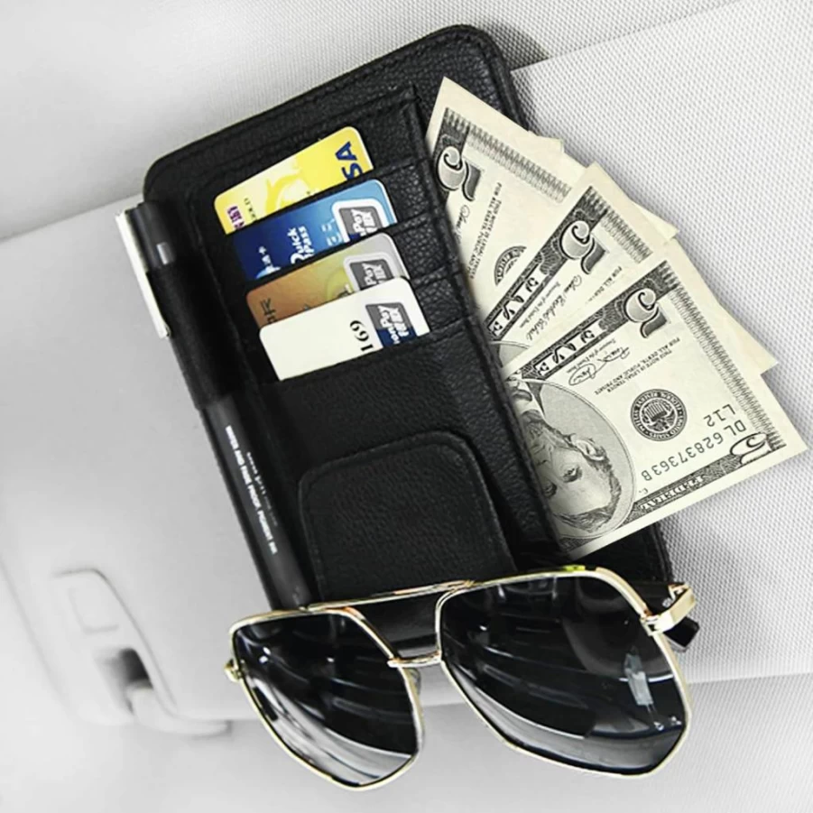 Aturmon Car Sun Visor Organizer - Leather Sunglass Holder, Document & Card Pocket for Registration, License, Insurance, Pen, Chapstick