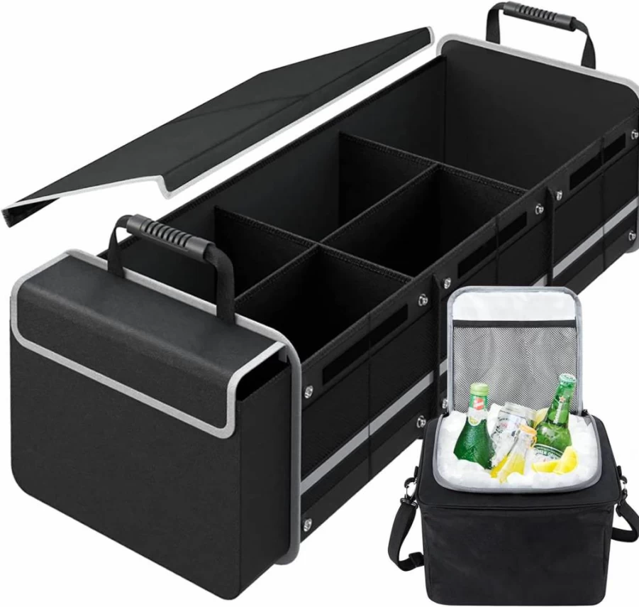 Snuopfy 115L Heavy Duty Car Trunk Organizer with Insulated Leakproof Cooler Bag, Collapsible 3-Compartment Storage with Lid & Straps for SUV, Jeep, Sedan - Black