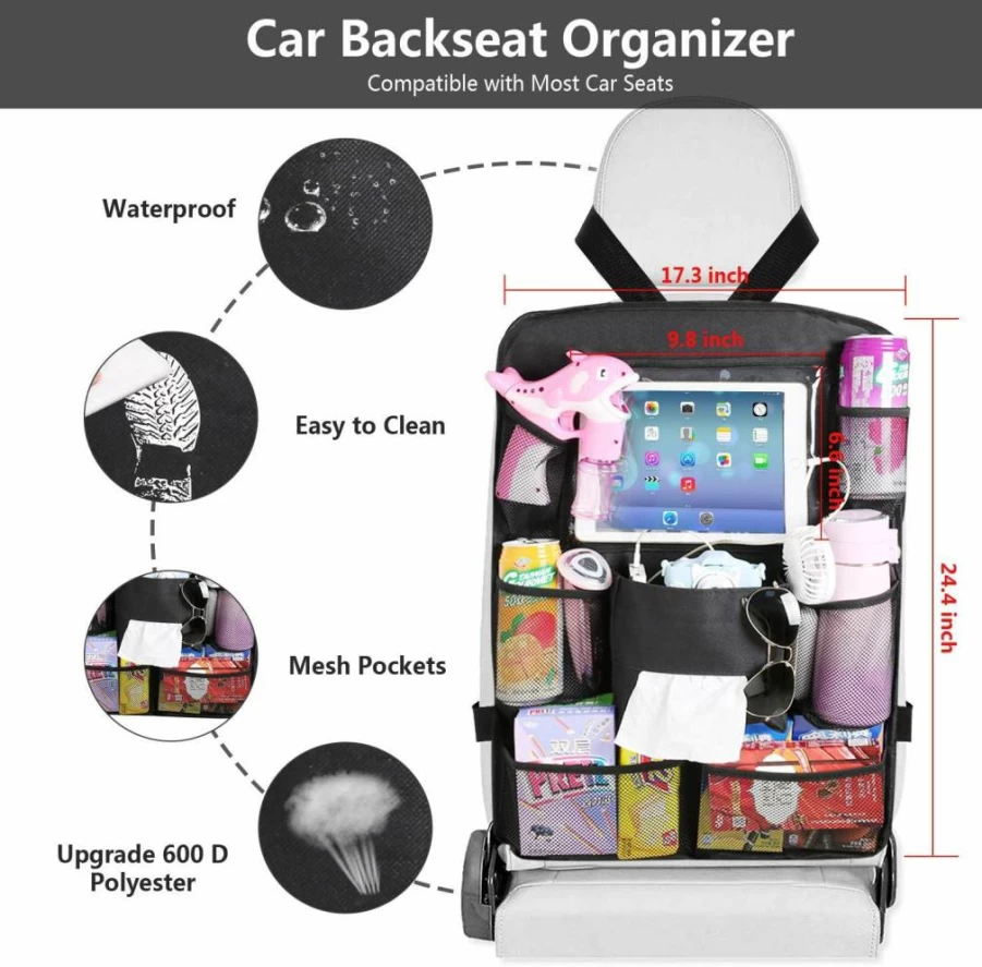 Reserwa Foldable Car Back Seat Organizer with Tablet Holder, USB Charging Holes, Kick Mats, and Tissue Box Storage – Durable Seat Protector for Kids & Pets