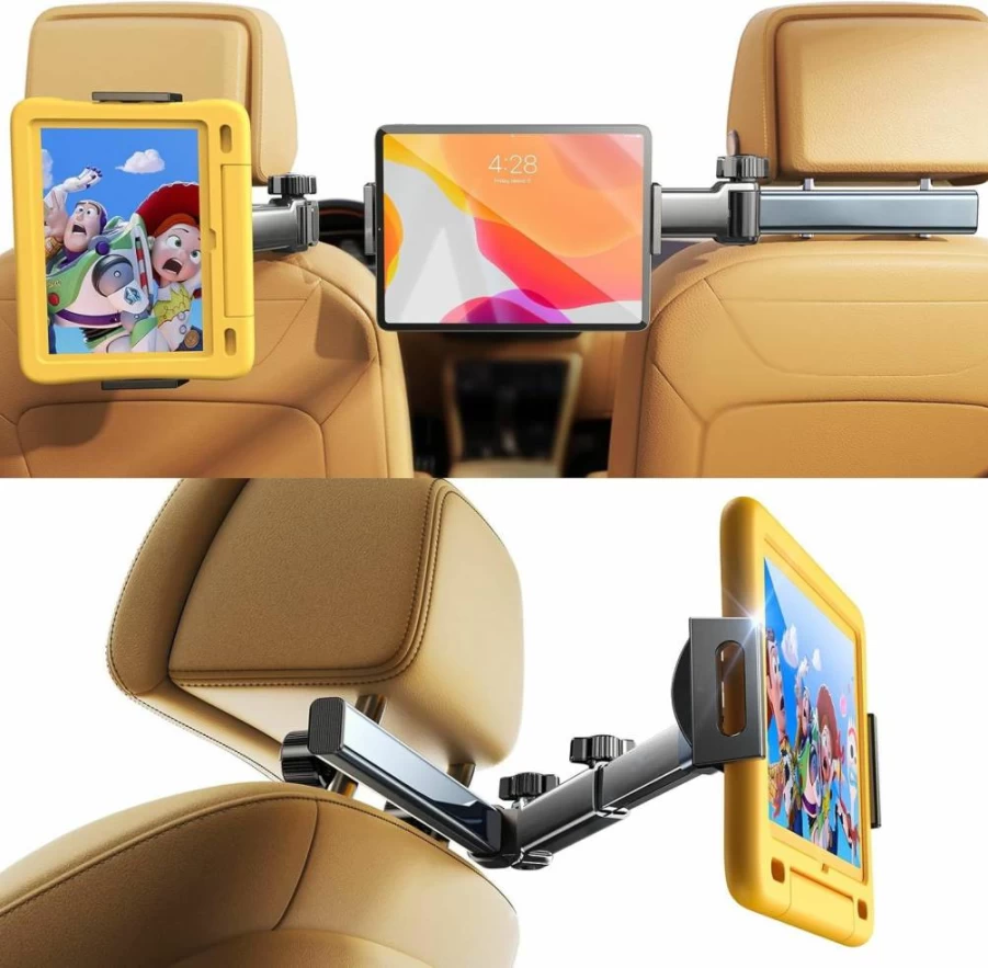 LISEN 3-in-1 Car Headrest iPad Holder for Kids - Backseat Tablet Mount for Camping, Road Trips & Travel Accessories - Universal Fire Tablet Car Organizer for Women & Men