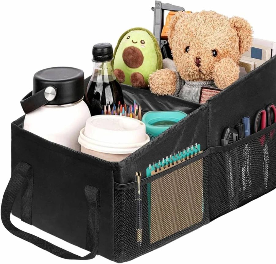 Grekos Car Seat Organizer for Backseat - Collapsible Storage Caddy with Dividers, Mesh Pockets & Handles - Travel Accessories for Kids & Adults