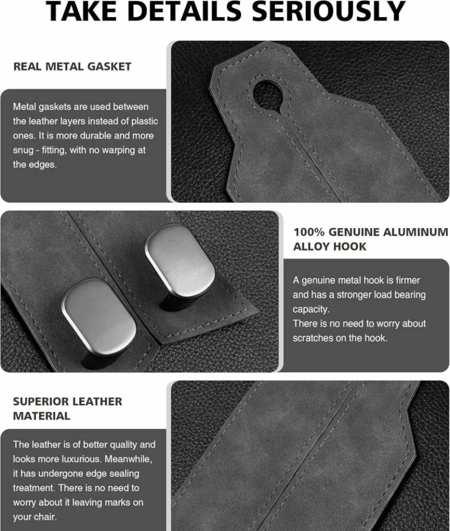 MOBIKEY Premium Car Purse Hook - 2 Pack Heavy Duty Metal & Leather Headrest Hanger for Bags, Purses, Phones - 2025 Black Car Seat Organizer Accessory