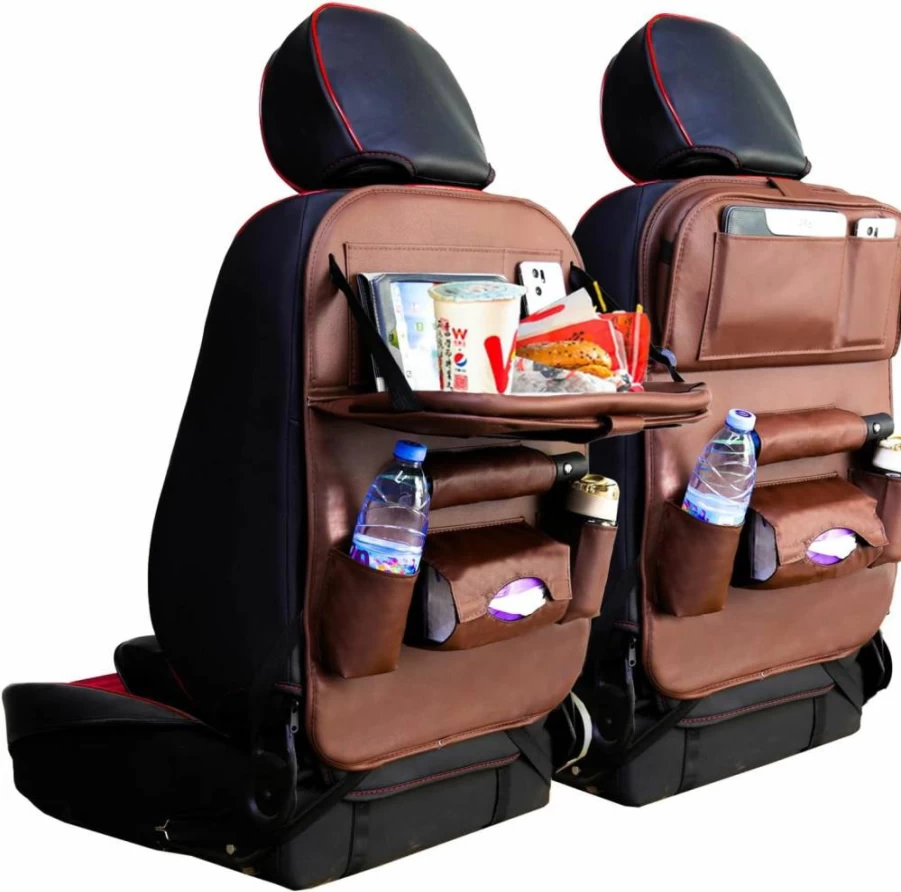 EAQ 2-Pack PU Leather Backseat Car Organizer with Kick Mats, Tablet Holder & Seat Protector for Kids - Black