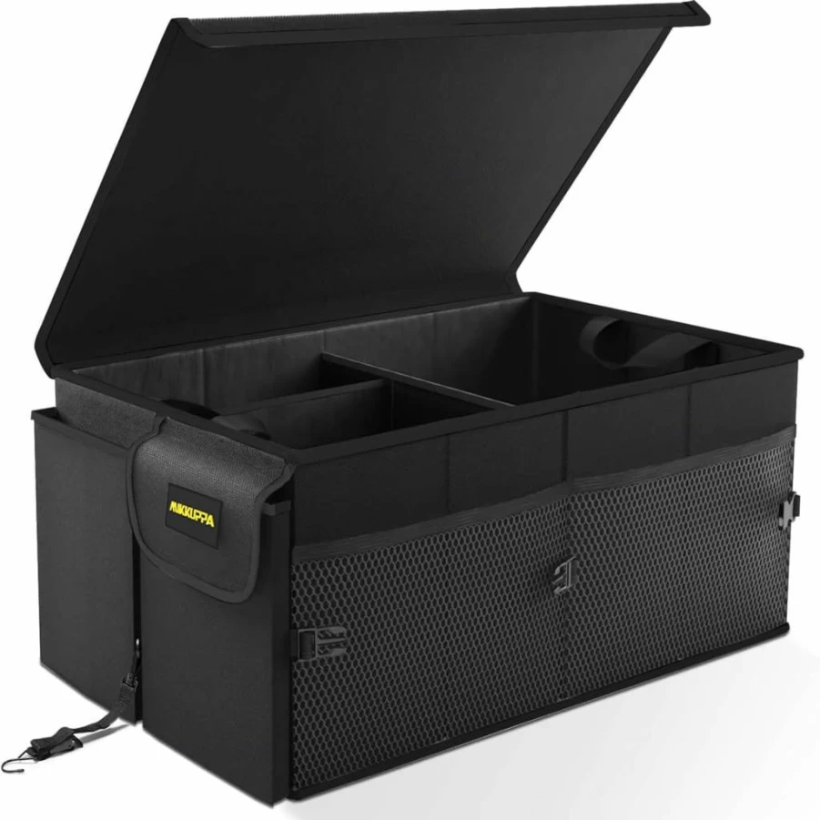 MIKKUPPA 65L Collapsible Car Trunk Organizer with Lid - Adjustable Straps & Non-Slip Bottom for SUV, Truck, Van - Durable Black Auto Storage Solution