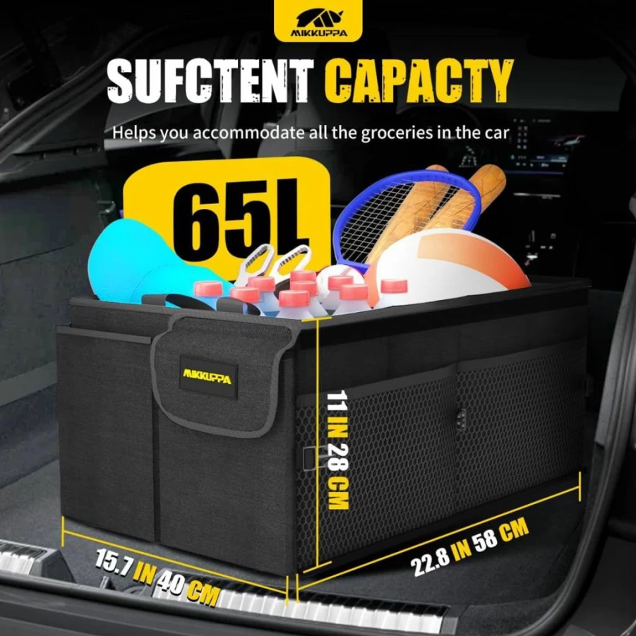MIKKUPPA 65L Collapsible Car Trunk Organizer with Lid - Adjustable Straps & Non-Slip Bottom for SUV, Truck, Van - Durable Black Auto Storage Solution