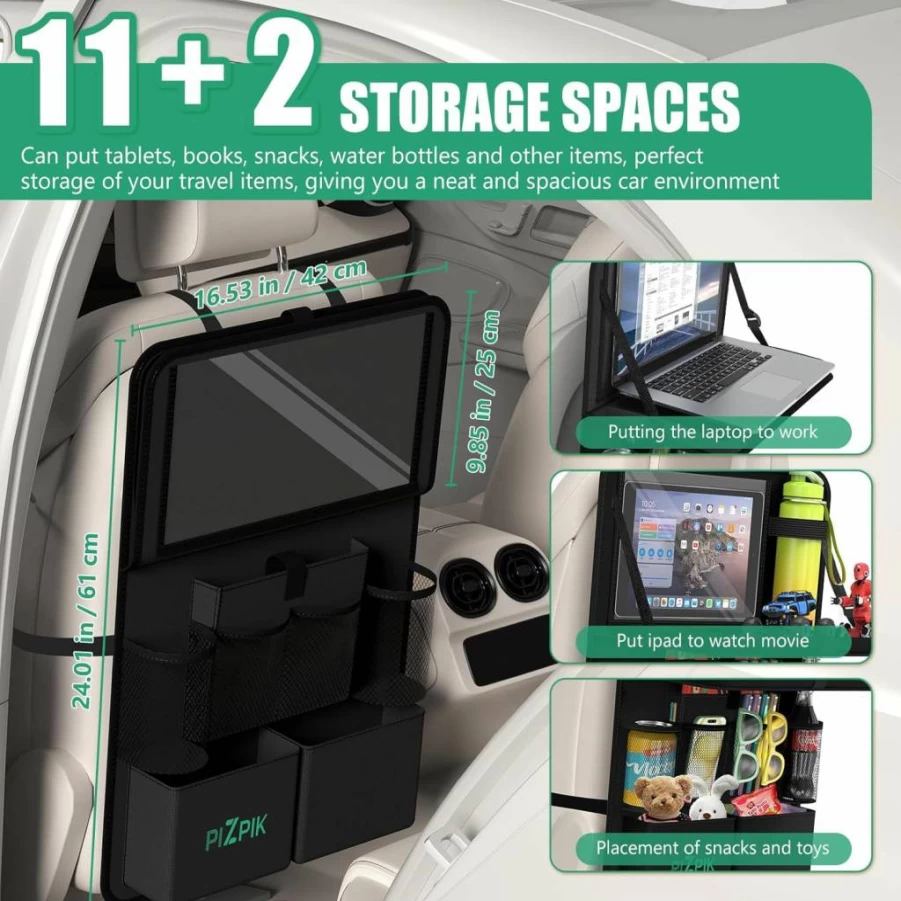 Plzpik Car Backseat Organizer with Tablet Holder - 11-Pocket Foldable Food Tray, Kickproof Mats for Kids, Universal Vehicle Storage Organizer (Black, 1-Pack)