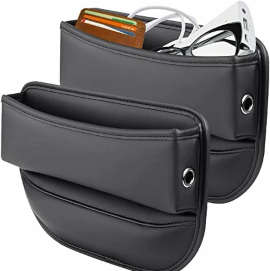 Elegananccy 2 Pack Adjustable Car Seat Gap Organizer - Leather Storage Box for Phone, Keys, Cards & Glasses (Black)