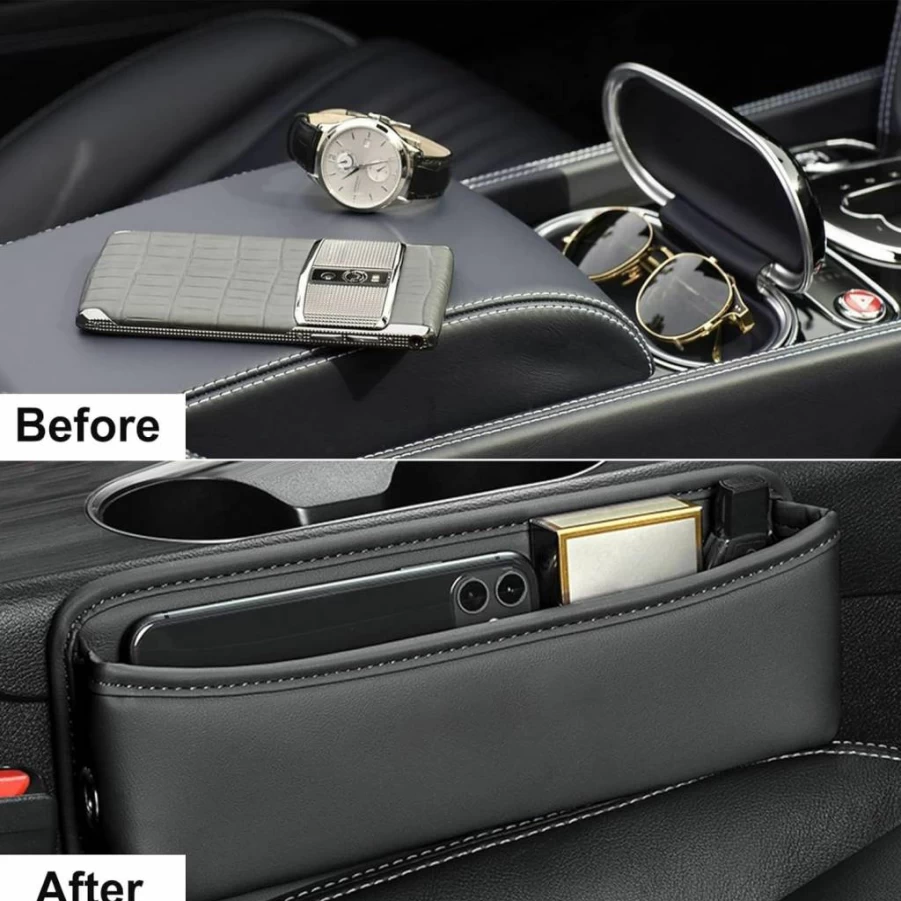 Elegananccy 2 Pack Adjustable Car Seat Gap Organizer - Leather Storage Box for Phone, Keys, Cards & Glasses (Black)
