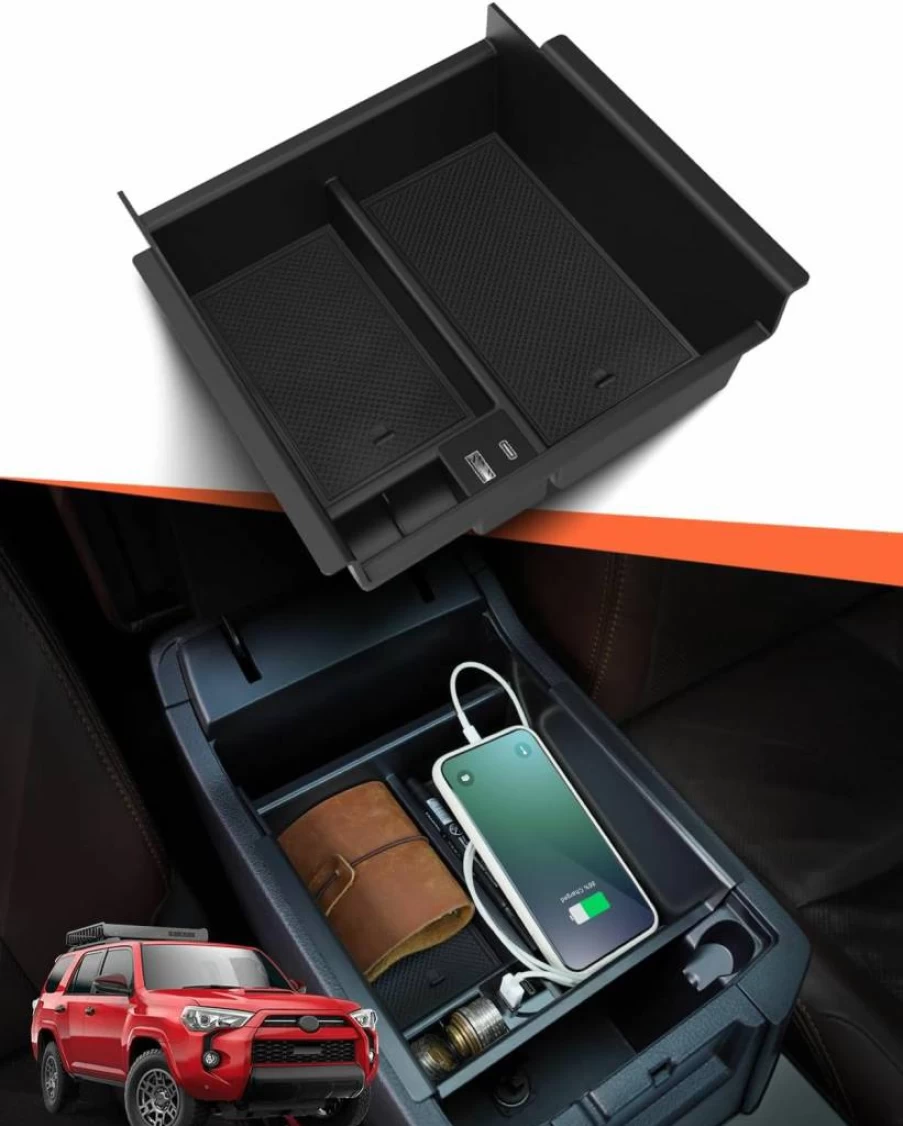 DrCarNow Center Console Organizer Tray with USB Port for Toyota 4Runner 2010-2024 | 5th Gen Armrest Storage Box | ABS Black Car Accessories